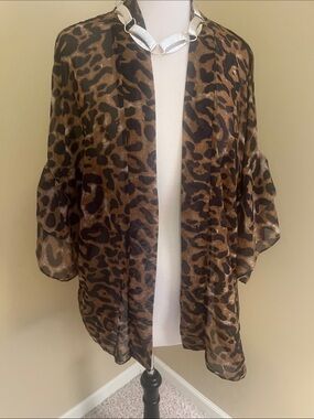 Leopard Print Open Front Kimono Cardigan - Brown